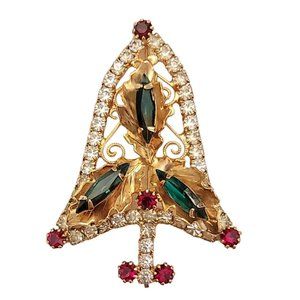 Gold Tone Red Green White Rhinestone Christmas Tree Brooch K796
